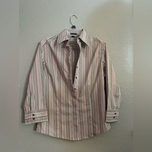 Editor Women Striped Blouse Button Shirt 3/4 Sleeve Top